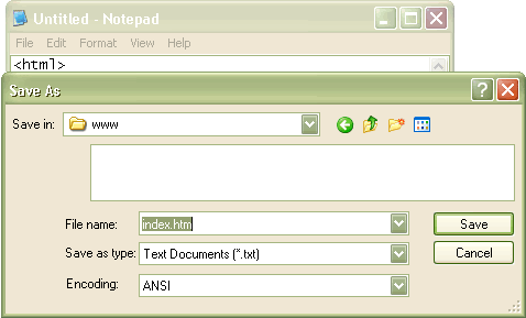 Screenshot of the process of saving the file as ”index.htm”